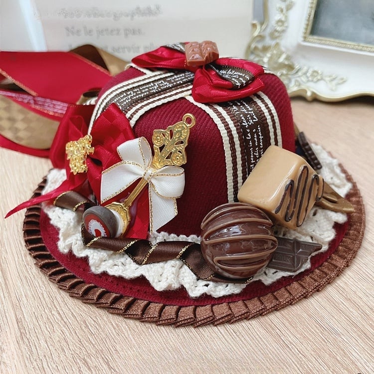 Details Ruffles Bowknot Trim Chocolate Red/Brown/Beige Mini Hat