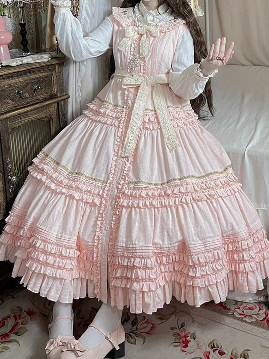 Dress Embroidery Layers Cottagecore Pink Country Lolita with Floral Ruffled