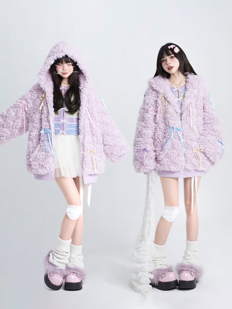 Coat Ribbon Design Zip-Up with Purple Hoodie Bows Plush