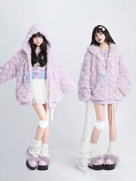 Coat Ribbon Design Zip-Up with Purple Hoodie Bows Plush