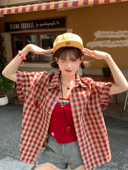 夏用ゆったりチェックシャツ（袖取り外し可能）イエロー/グリーン/レッド