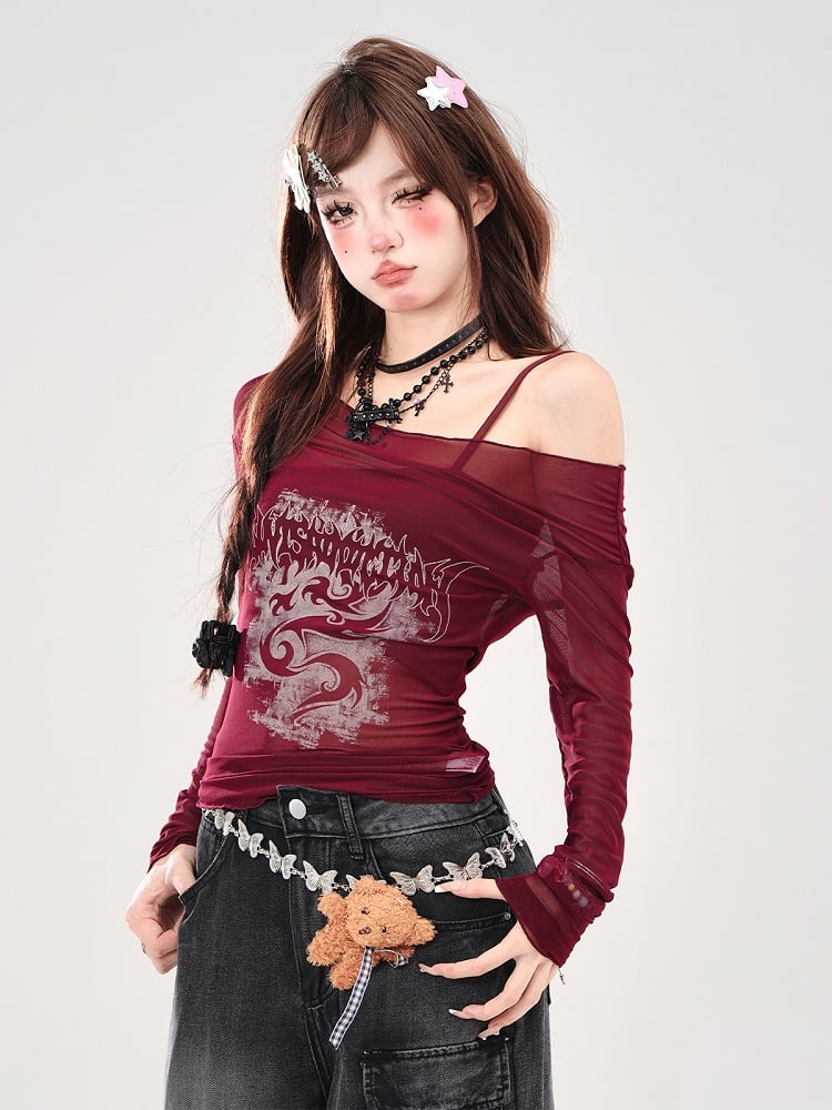 Set Red Sheer Off-Shoulder Sun Protection Top