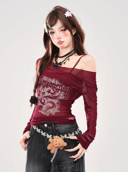 Set Red Sheer Off-Shoulder Sun Protection Top