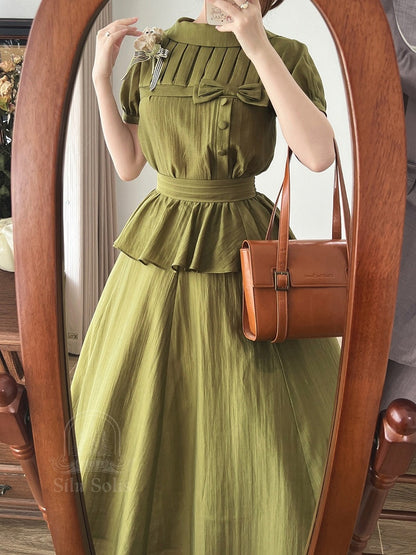 Chic Forest Green Summer Two-Piece with Bow Accents and Frilled Trim - Forest Wardrobe