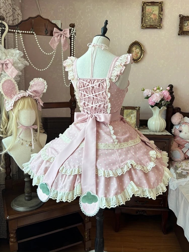 Details Pink Lace with Light Bow Dot Sweet Strawberry JSK and Lolita Polka Themed Dress
