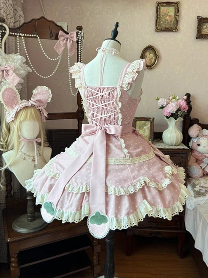 Pink + Bonnet Lolita with Ear and Dress Themed Strawberry JSK Full Polka Bunny Hairband Set Dot Light Bow Lace Details Choker Sweet