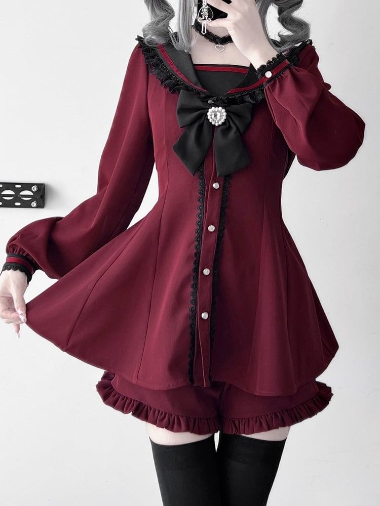 Kei-Ohren, Jirai, rotes Set – Schleifendesign auf der Rückseite + weinrotes Minikleid + Shorts mit Rüschensaum, Krawatte, Matrosenkragen, Hase