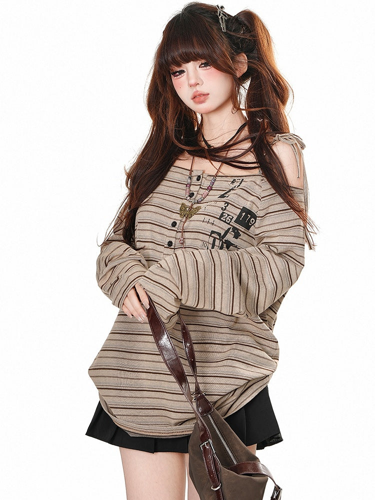 Khakifarbenes, schulterfreies Vintage-Streifen-Top