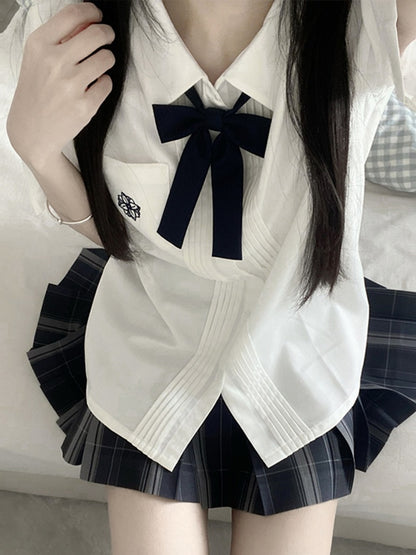 Pleating Style Embroidery Floral Details Sleeves White/Blue Short Preppy Version Shirt