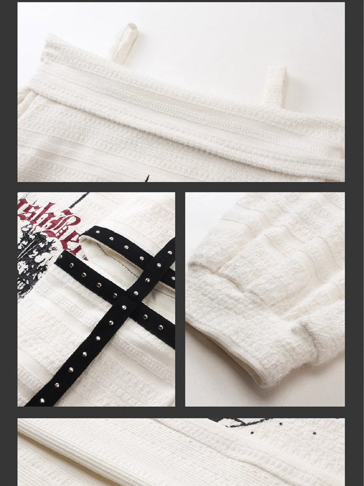 Y2K ブラック/ホワイト クロスプリント カットアウトディテール オフショルダー ネックライン パンクトップ