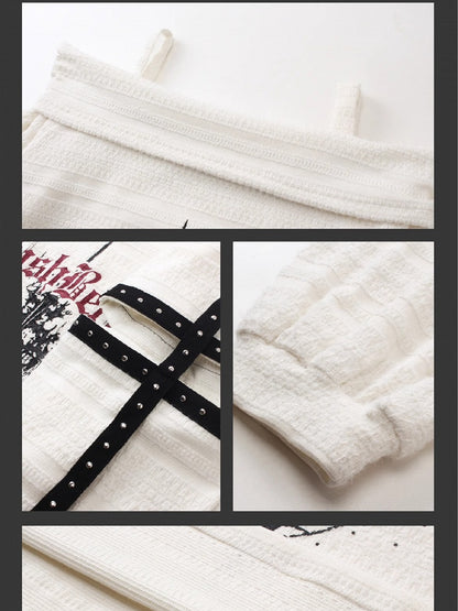 Y2K ブラック/ホワイト クロスプリント カットアウトディテール オフショルダー ネックライン パンクトップ