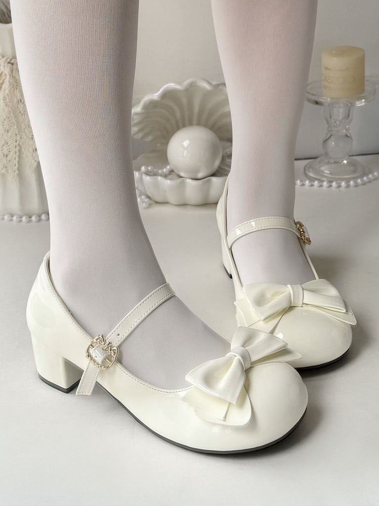 Bow Shoes with PU Buckle Heeled Leather Kitty 4.5cm Jane White Mary Playful - in