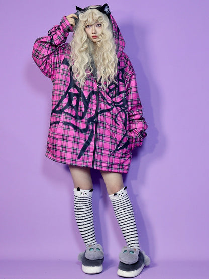 Fleece-Lined Hoodie Jacket Red Y2K Oversized Plaid Pattern Rose