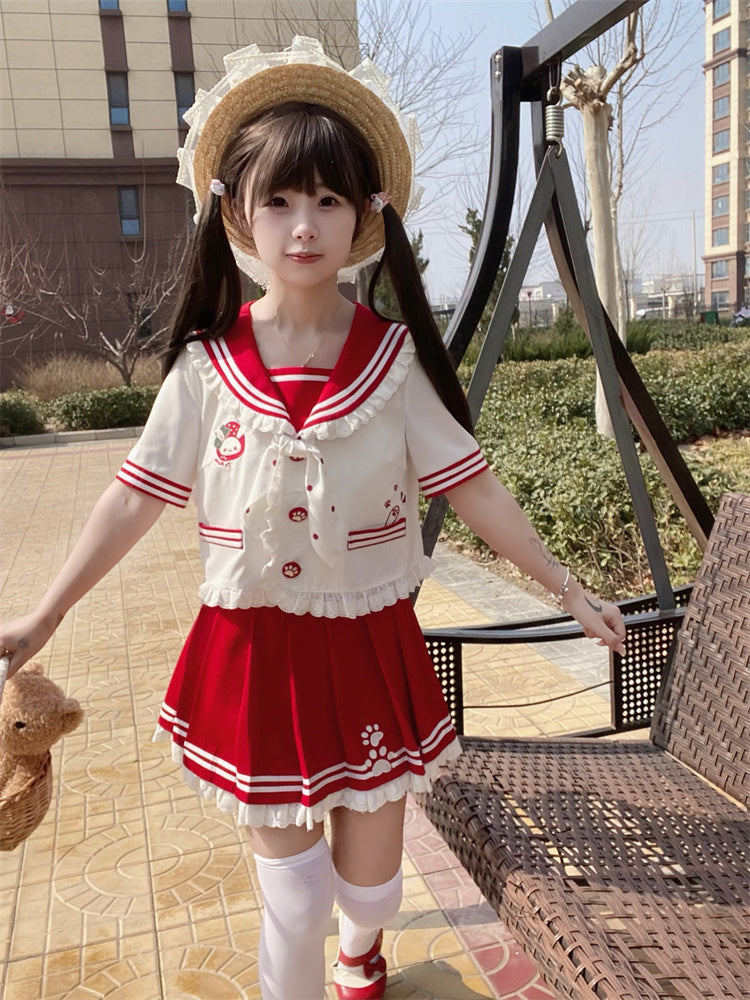 Lace JK Uniform Pink/Red Pleated Skirt Trim Ruffled