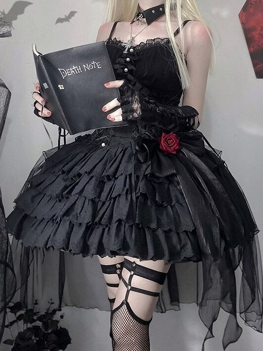 Black Sweetheart Neckline Corset Waist Jacquard Kuro Lolita Jumper Skirt with Rosette Accent - Unknown Star