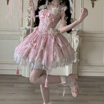Pink Frog Version Print Jasmine-Embellished Lolita Buttons Short Corset with + Floral Top Skirt