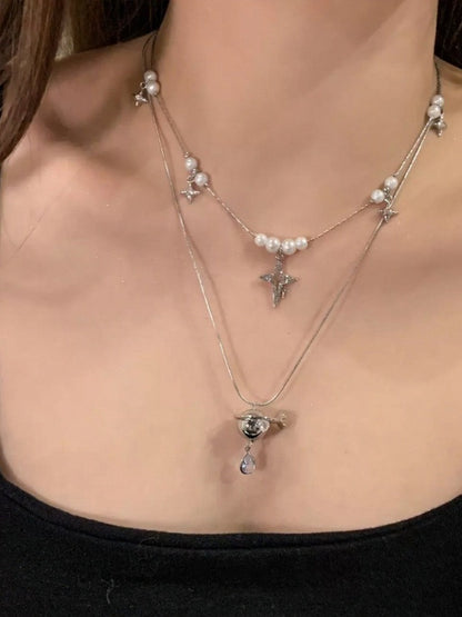Silver Layered Pearl Pendant Necklace - YSHXS