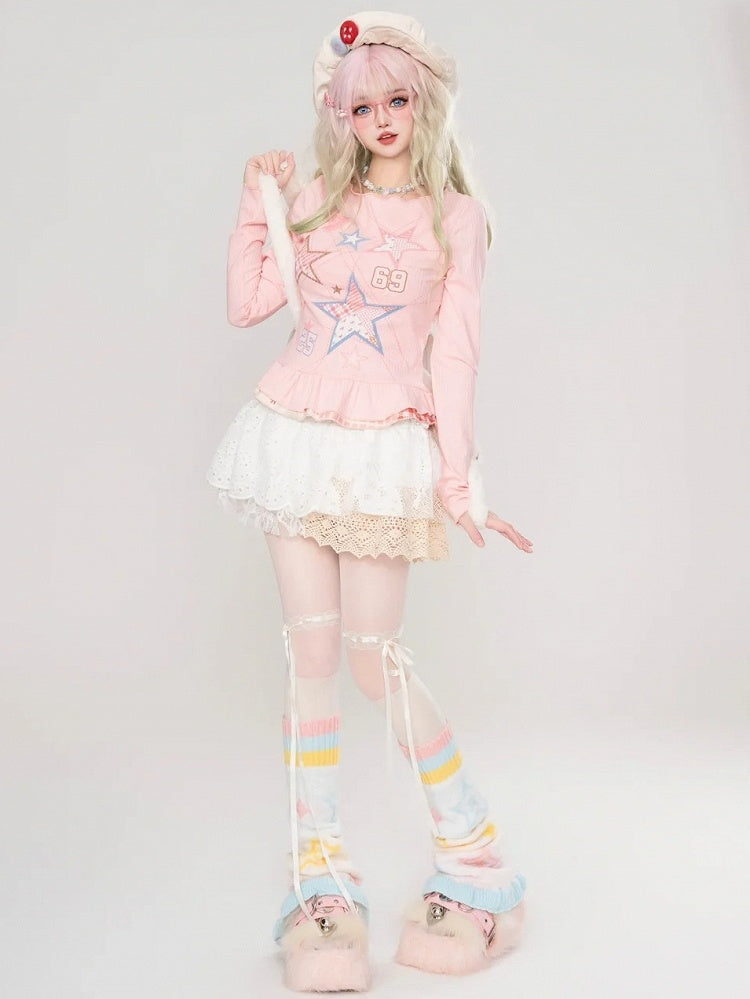 Pink Stars Print Long Sleeves Top Double Layered Ruffle Hem