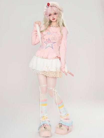 Pink Stars Print Long Sleeves Top Double Layered Ruffle Hem