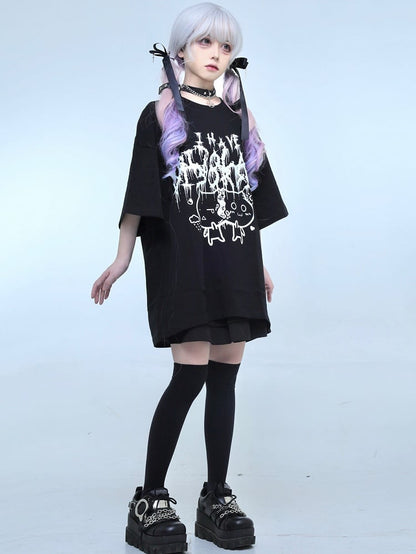 Jirai T-shirt Letter Cat Print Black Kei And