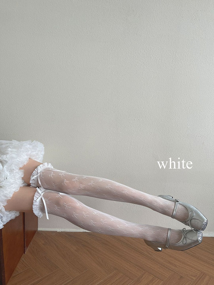 Stockings Trim White/Light Bowknot Yellow/Black Details Lace Overknee