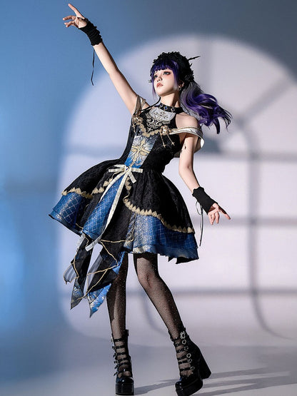 Skirt Cascading Front Design Ruffles Jumper Off-shoulder and Gothic Cross Neck Mock Print