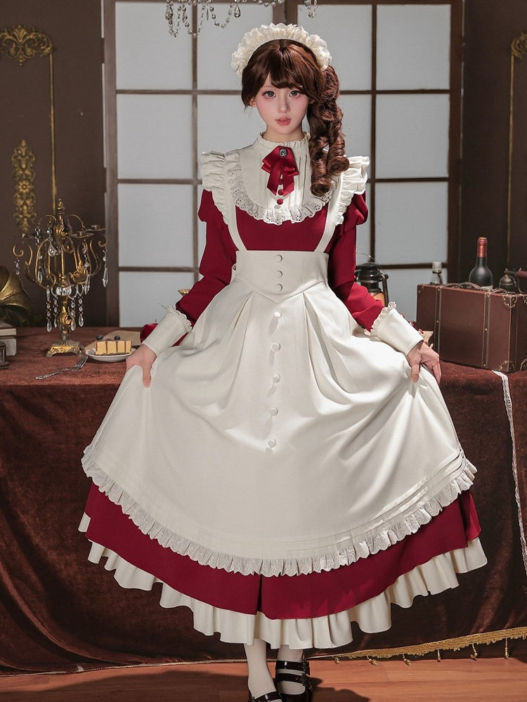 Elegant Red Lolita OP Dress Set with Stand Collar, Ruffle Sleeves, Bow Tie, KC & Apron - With PUJI