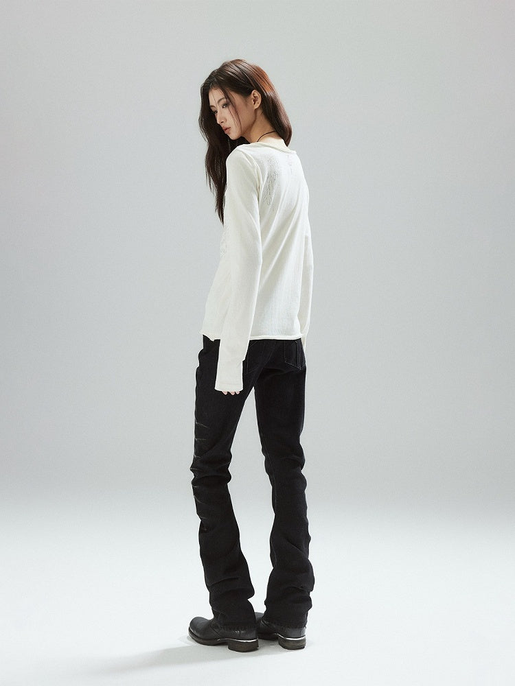 Black Denim Jeans with Stacked Pleats and Zipper Design - Low pixel
