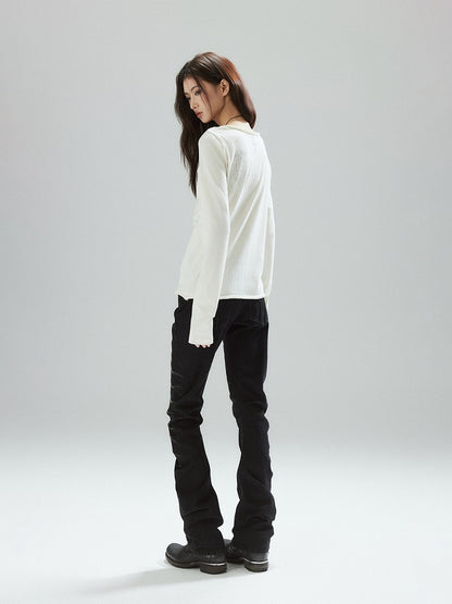 Black Denim Jeans with Stacked Pleats and Zipper Design - Low pixel