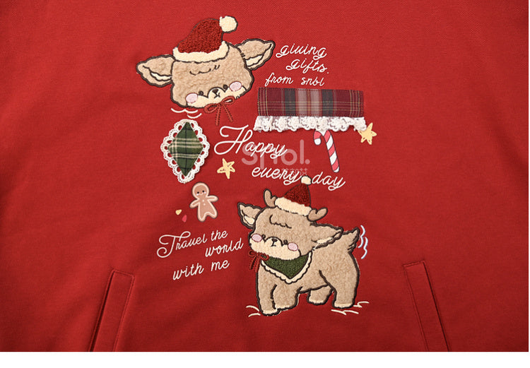 Christmas Red Cute Reindeer Appliques Thick Hoodie