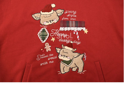 Christmas Red Cute Reindeer Appliques Thick Hoodie