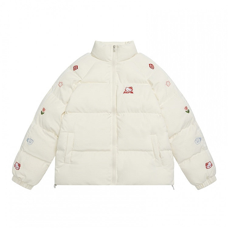 ホワイト/ピンクのキティ刺繍ハイネックパファージャケット