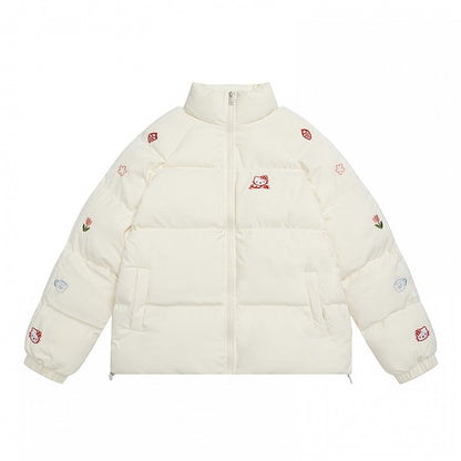 ホワイト/ピンクのキティ刺繍ハイネックパファージャケット