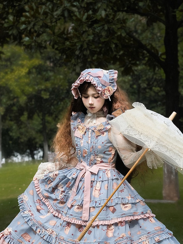 Cookie Hamster Sweet Lolita and Ruffle Print Dress Pink Hem Blue