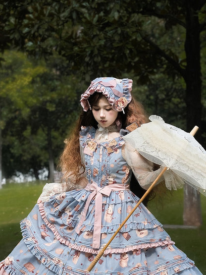 Cookie Hamster Sweet Lolita and Ruffle Print Dress Pink Hem Blue