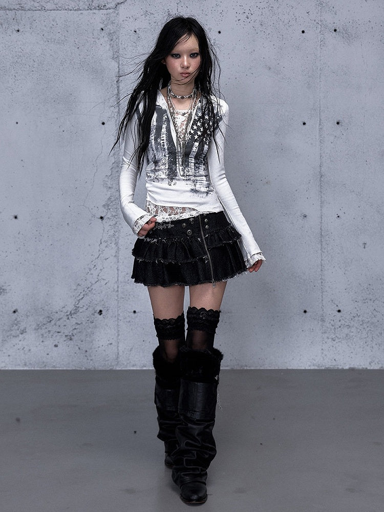 Off-white Two-piece V-Neck Print Hooded Lace Long Top Star Sleeve Slim-fitting Panel -