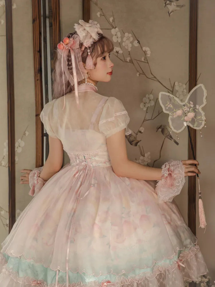 Rosa Lolita-Kleid mit baskischer Taille, Pfirsich- und Pfirsichblüten-Print JSK