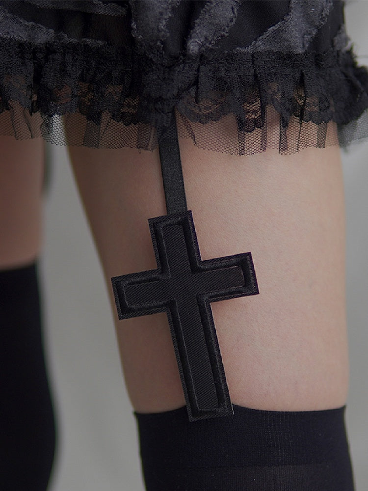 Suspender Applique Cross Stockings Black