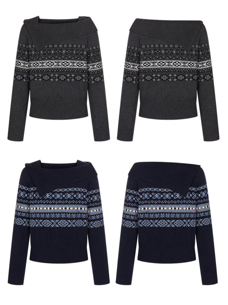 Gray/Blue Asymmetric Off-Shoulder Knit Sweater with Jacquard Details