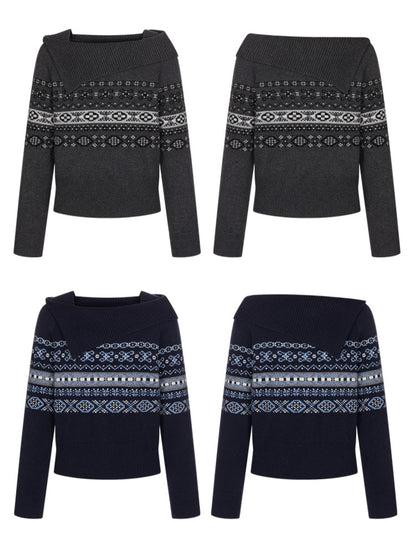 Gray/Blue Asymmetric Off-Shoulder Knit Sweater with Jacquard Details