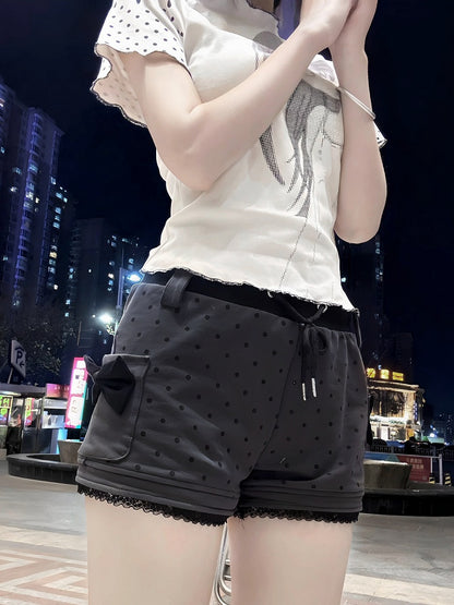 Polka White Dots Print Black and Graphic T-Shirt with Cartoon