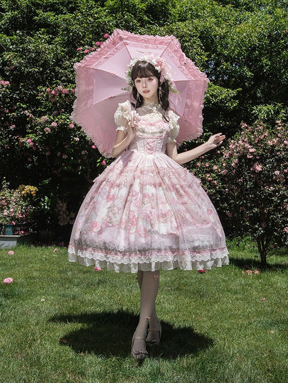 Pink Deer & Floral Print Flutter Sleeves Sweet Lolita JSK Dress with Overlay - Honey Machine