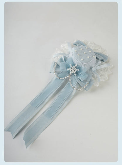 Blue Big Bow Lace Trim Snowflake Mini Hat with Beaded Chain