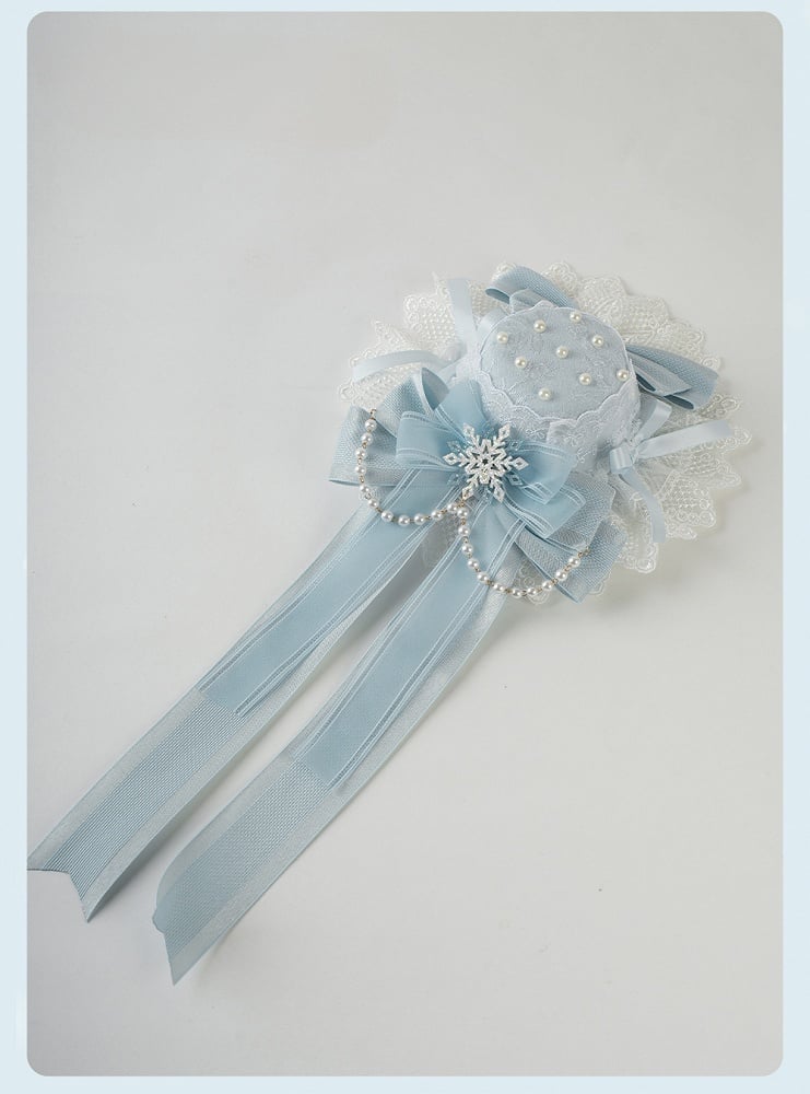 Blue Big Bow Lace Trim Snowflake Mini Hat with Beaded Chain