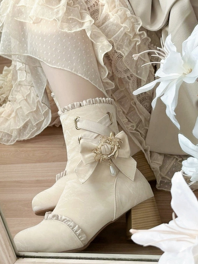 Apricot Lace-Up Round Toe Bow-Adorned Sweet Lolita Ankle Boots - Magic Peach