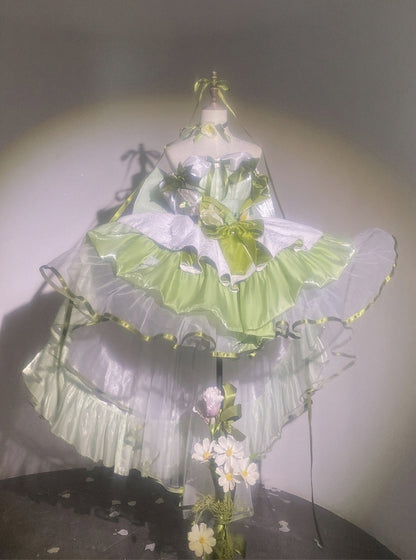 Green Balletcore Puffy Dress with Bow Accents - POSHEPOSE