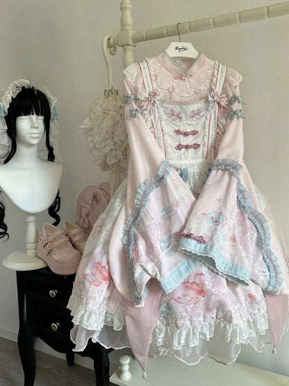 Long with Print Golden Blue Lolita and Sleeves Fish Pink Dress Floral Han