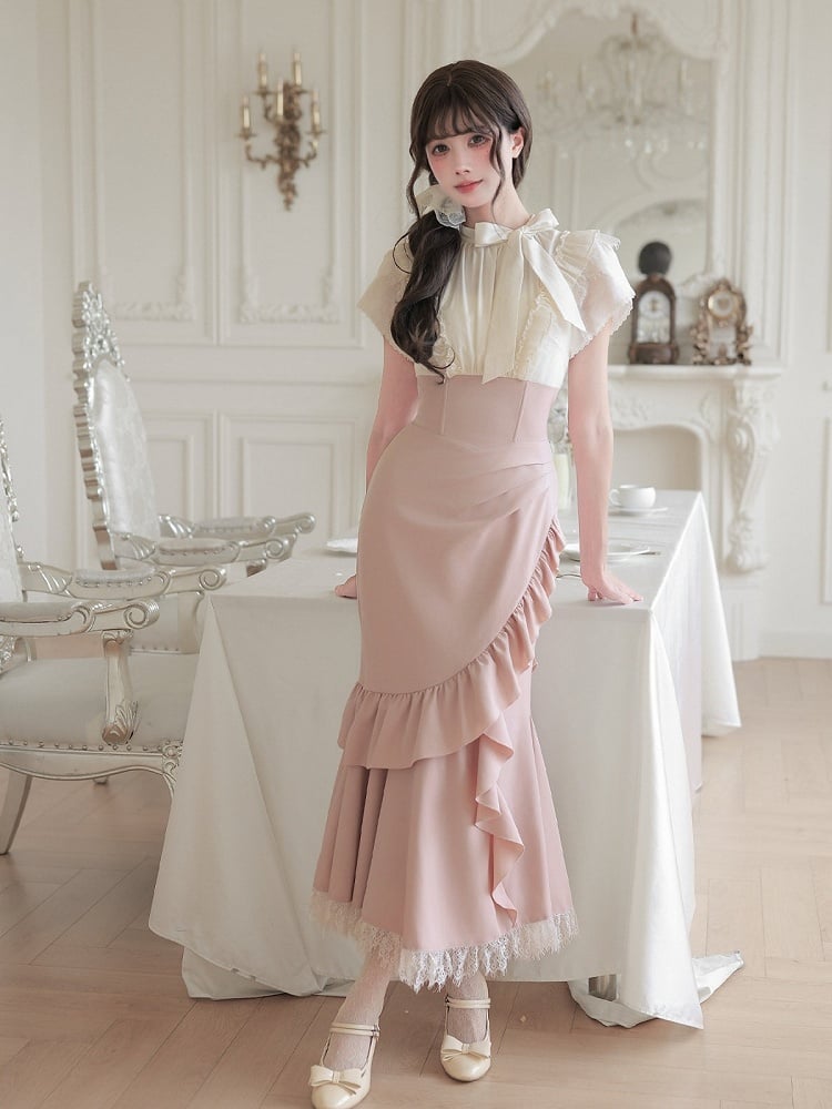 Pink-White Mermaid Two-Piece Dress with Ruffle Hem - With PUJI