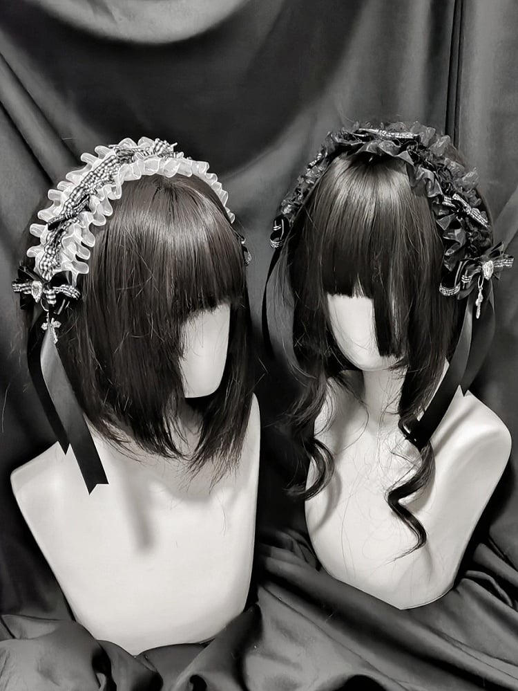 2-Tone Black & White Lace Hairband Rhinestone Cross