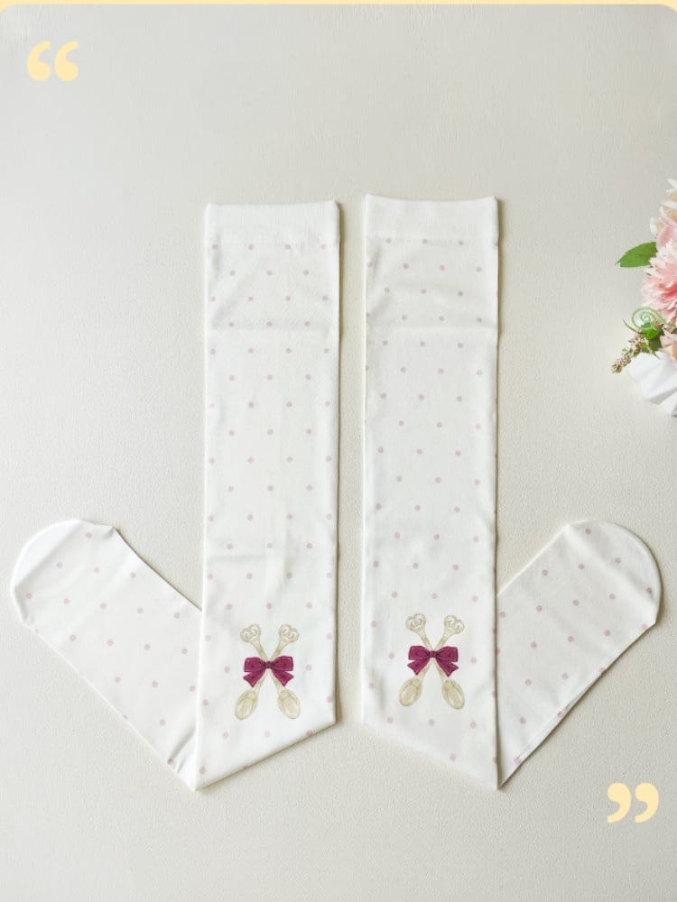 White Polka-dot Spoon and Bow Pattern  Over Knee Stockings